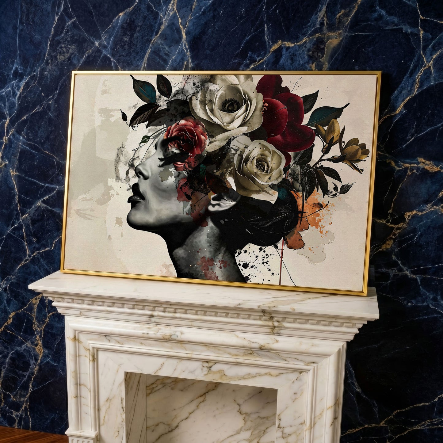 Flower Head Woman Canvas Print Portrait in yellow gold floating frame