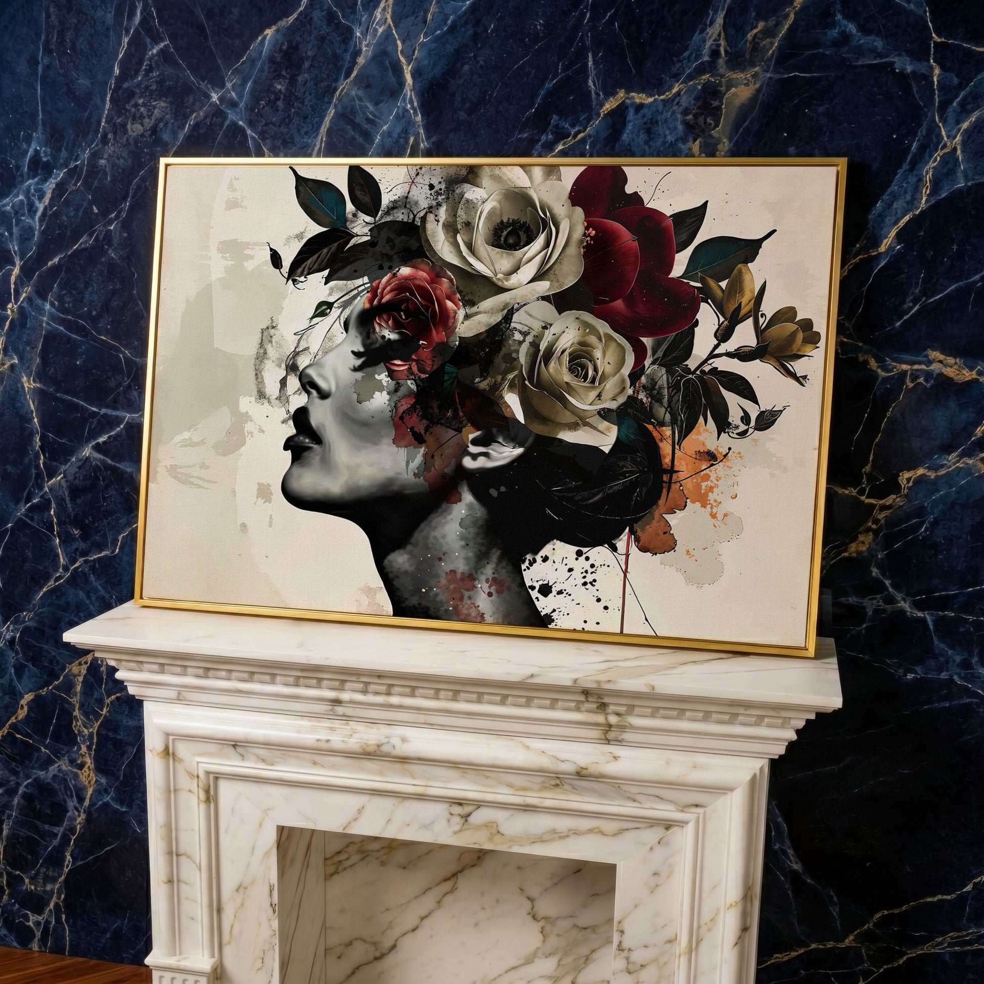 Flower Head Woman Canvas Print Portrait in yellow gold floating frame
