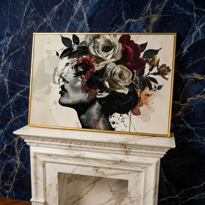 Flower Head Woman Canvas Print Portrait in yellow gold floating frame