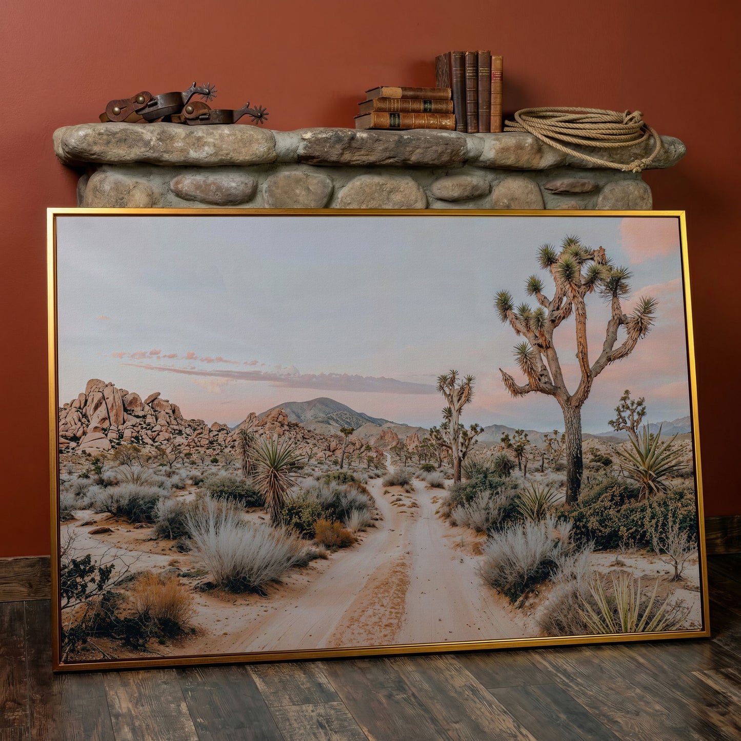 Joshua Tree Desert Canvas Print with Optional Frame in antique gold floating frame