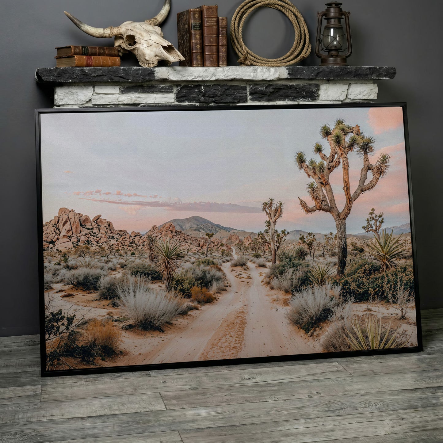 Joshua Tree Desert Canvas Print with Optional Frame in black floating frame