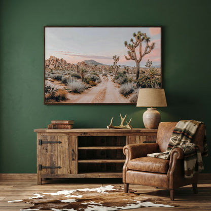 Joshua Tree Desert Canvas Print with Optional Frame in dark walnut floating frame