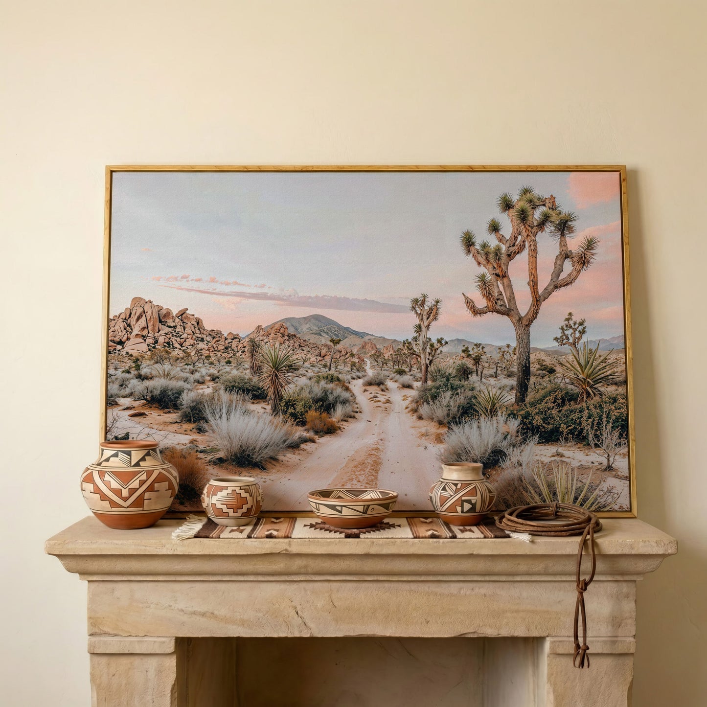 Joshua Tree Desert Canvas Print with Optional Frame in white oak floating frame