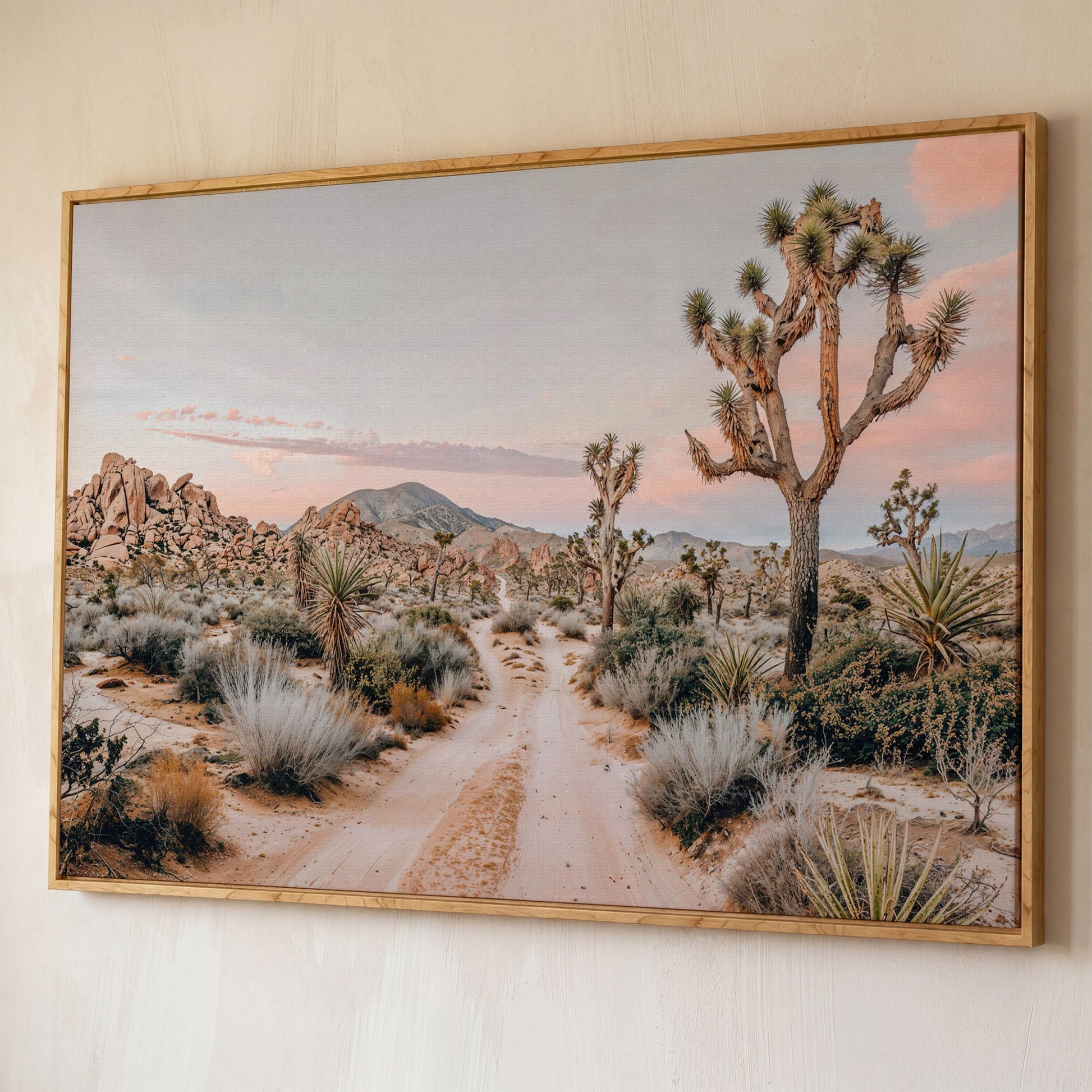 Joshua Tree Desert Canvas Print with Optional Frame shown in white oak floating frame