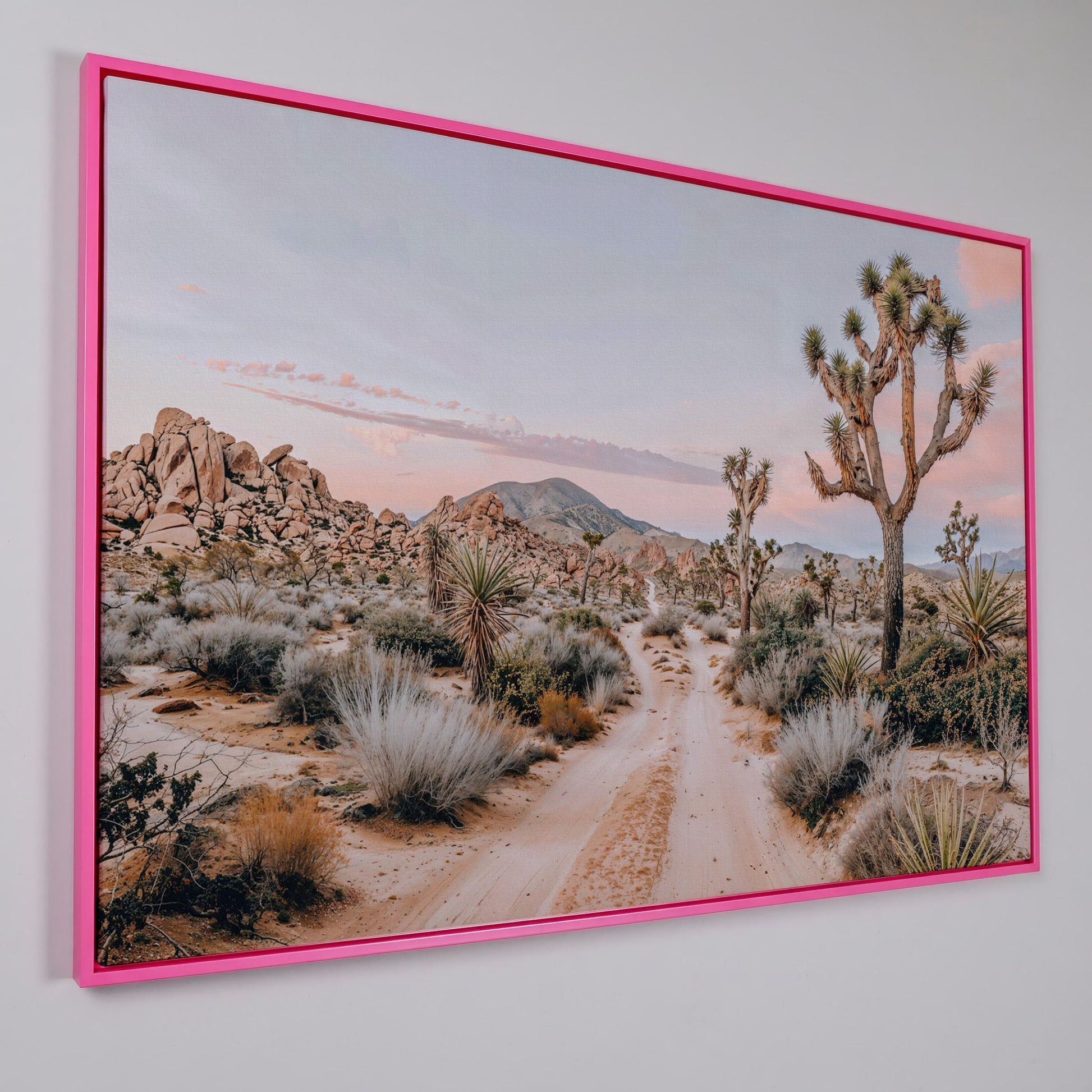 Joshua Tree Desert Canvas Print with Optional Frame in pink floating frame