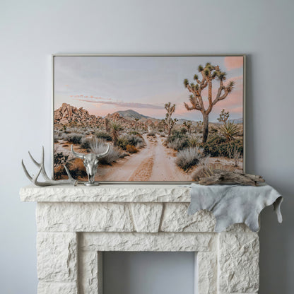 Joshua Tree Desert Canvas Print with Optional Frame in silver floating frame
