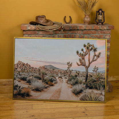 Joshua Tree Desert Canvas Print with Optional Frame in yellow gold floating frame