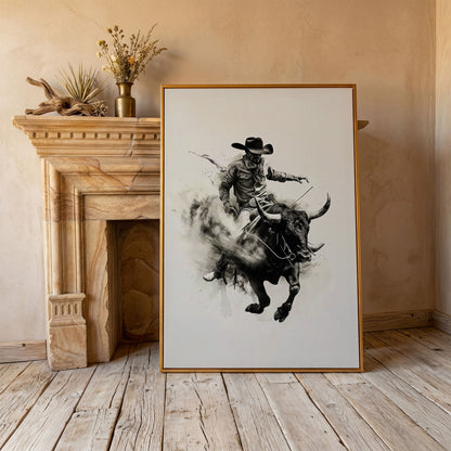 Bull Riding Canvas Print in Black and White Western Art in antique gold floating frame