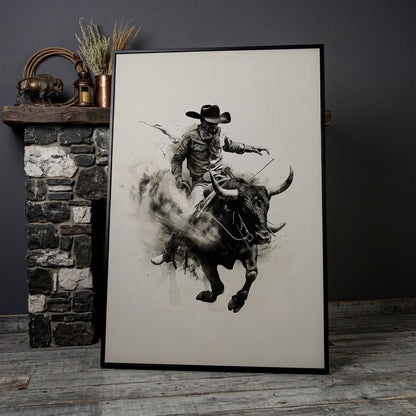 Bull Riding Canvas Print in Black and White Western Art in black floating frame