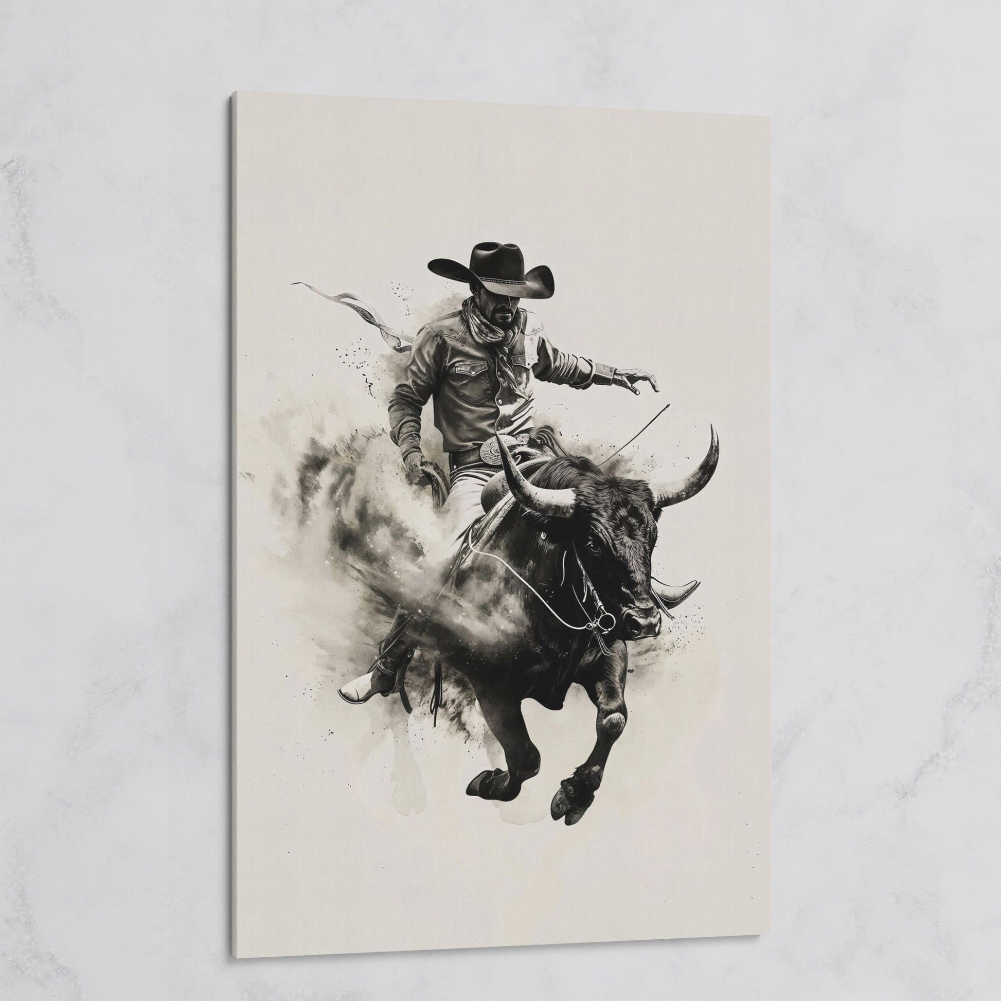 Bull Riding Canvas Print in Black and White Western Art on gallery wrap