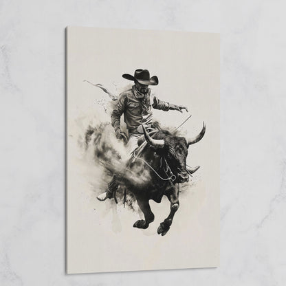 Bull Riding Canvas Print in Black and White Western Art on gallery wrap