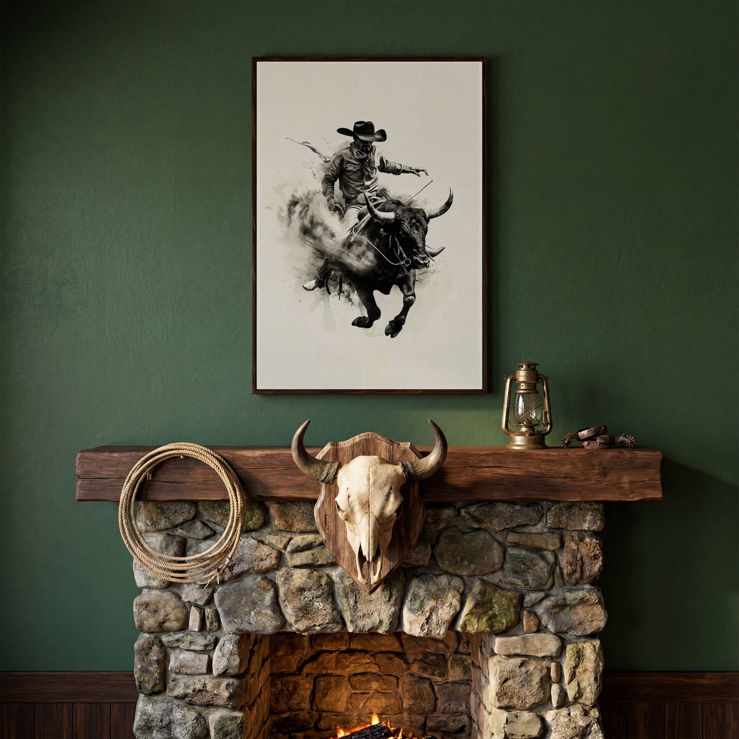 Bull Riding Canvas Print in Black and White Western Art in dark walnut floating frame