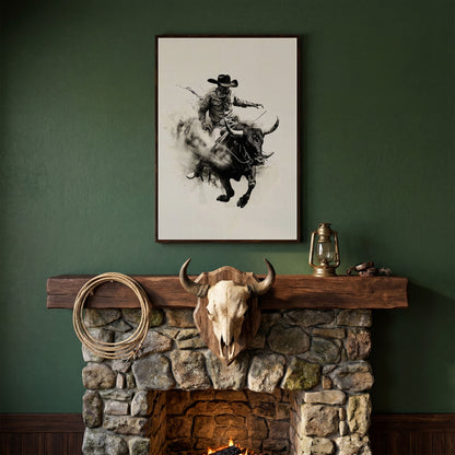 Bull Riding Canvas Print in Black and White Western Art in dark walnut floating frame