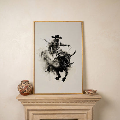 Bull Riding Canvas Print in Black and White Western Art in white oak floating frame