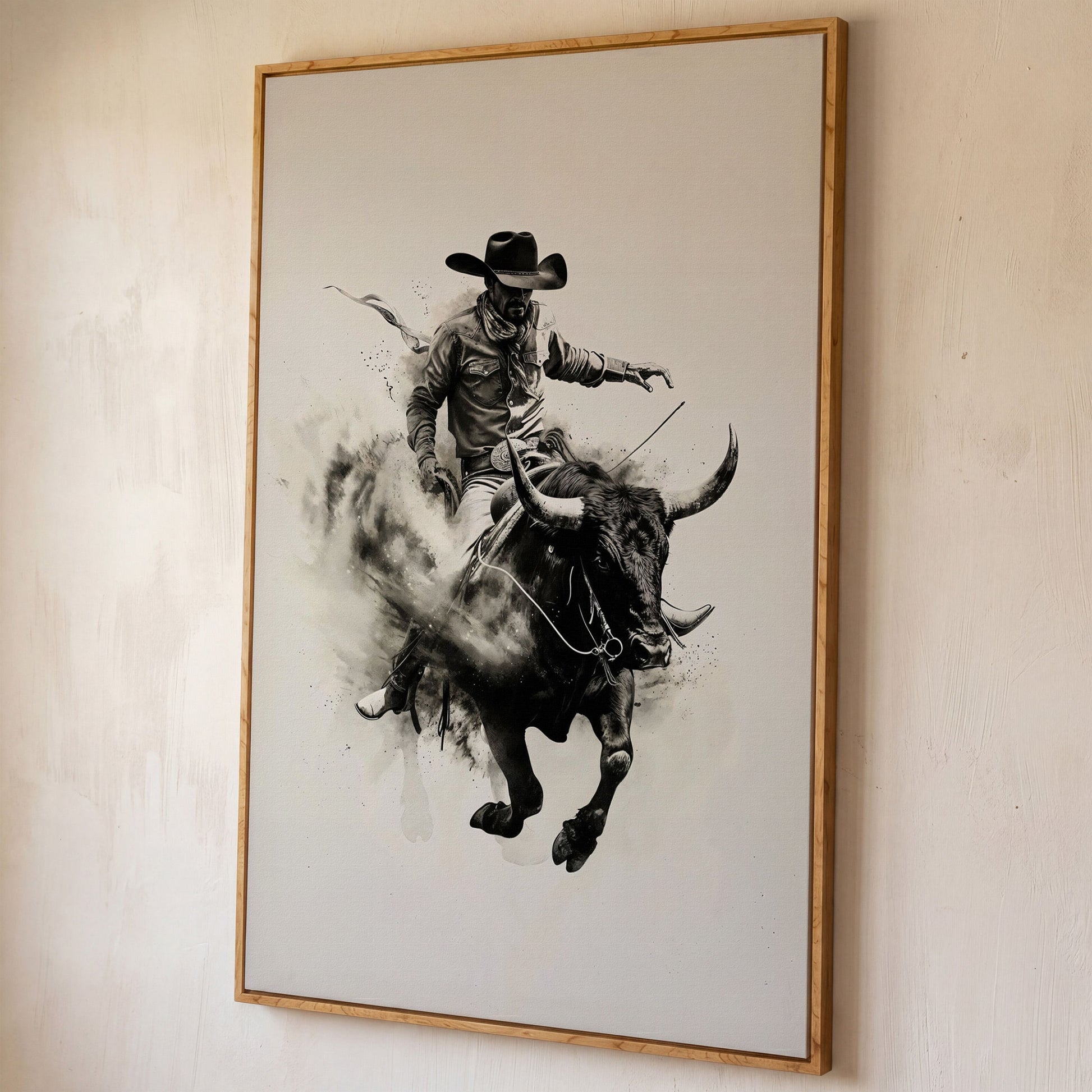 Bull Riding Canvas Print in Black and White Western Art shown in white oak floating frame