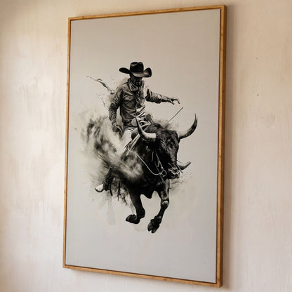 Bull Riding Canvas Print in Black and White Western Art shown in white oak floating frame