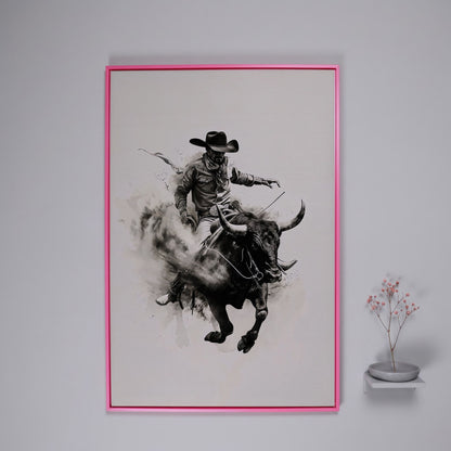 Bull Riding Canvas Print in Black and White Western Art in pink floating frame