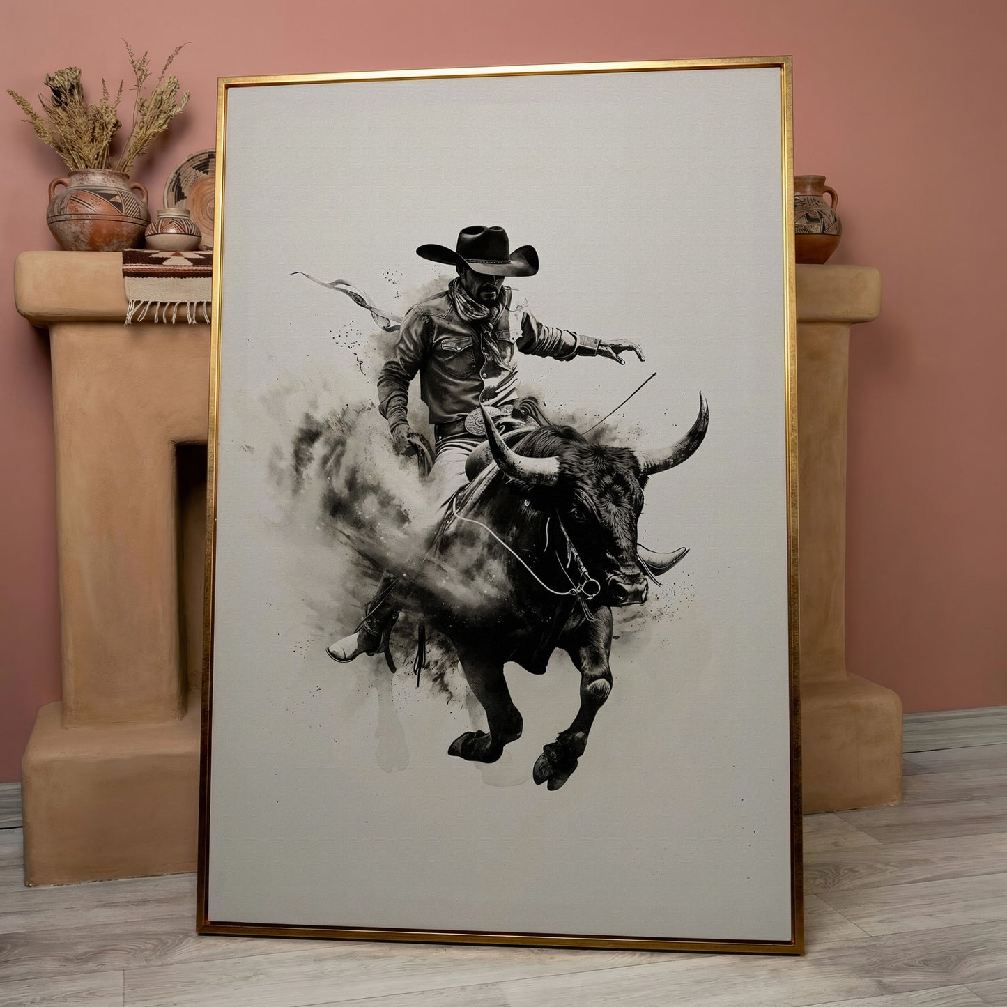 Bull Riding Canvas Print in Black and White Western Art in rose gold floating frame
