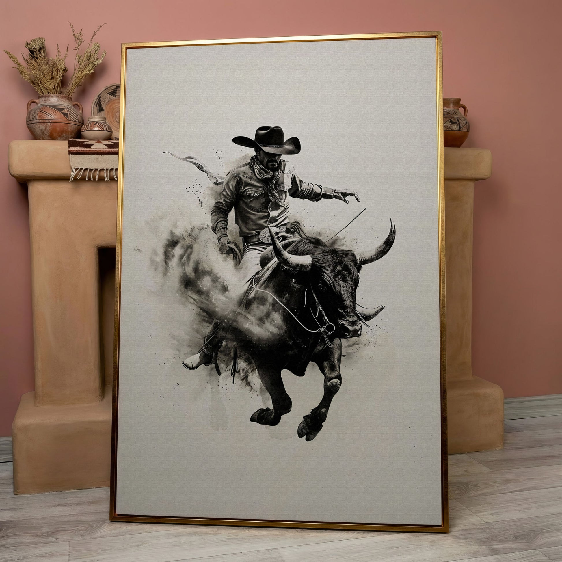 Bull Riding Canvas Print in Black and White Western Art in rose gold floating frame