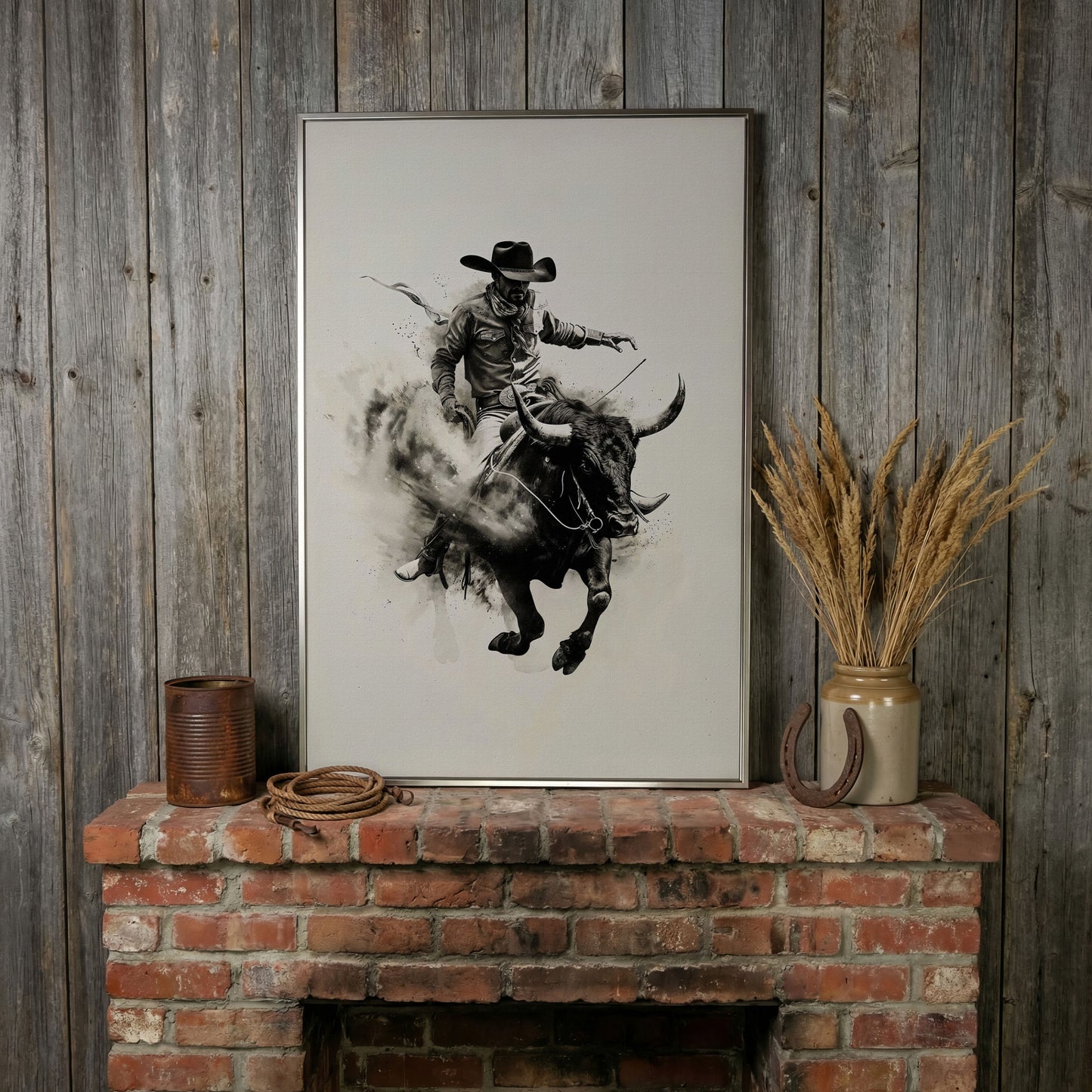 Bull Riding Canvas Print in Black and White Western Art in silver floating frame