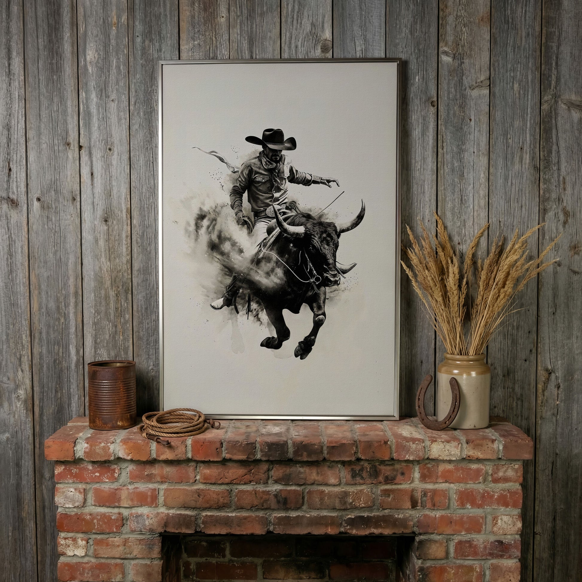 Bull Riding Canvas Print in Black and White Western Art in silver floating frame