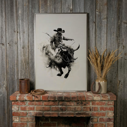 Bull Riding Canvas Print in Black and White Western Art in silver floating frame