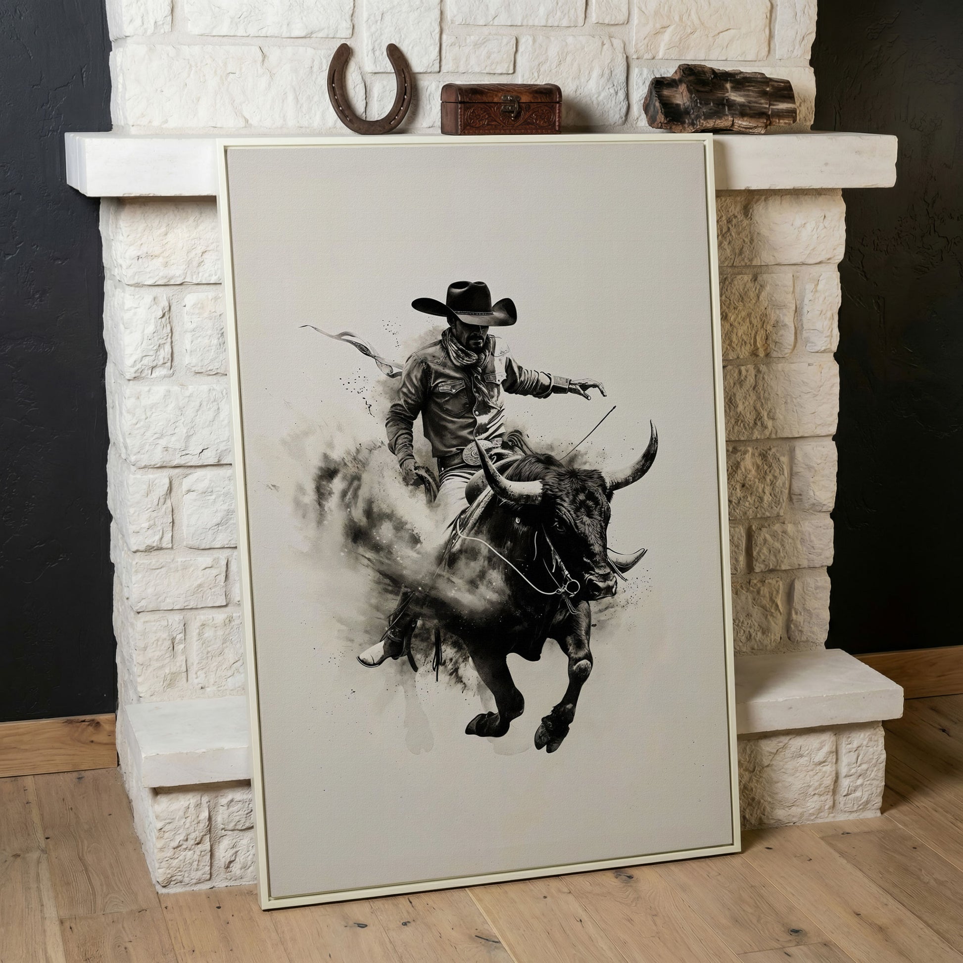 Bull Riding Canvas Print in Black and White Western Art in white floating frame