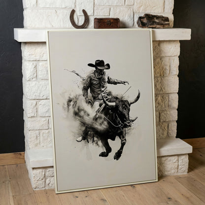 Bull Riding Canvas Print in Black and White Western Art in white floating frame
