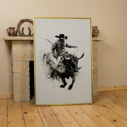Bull Riding Canvas Print in Black and White Western Art in yellow gold floating frame