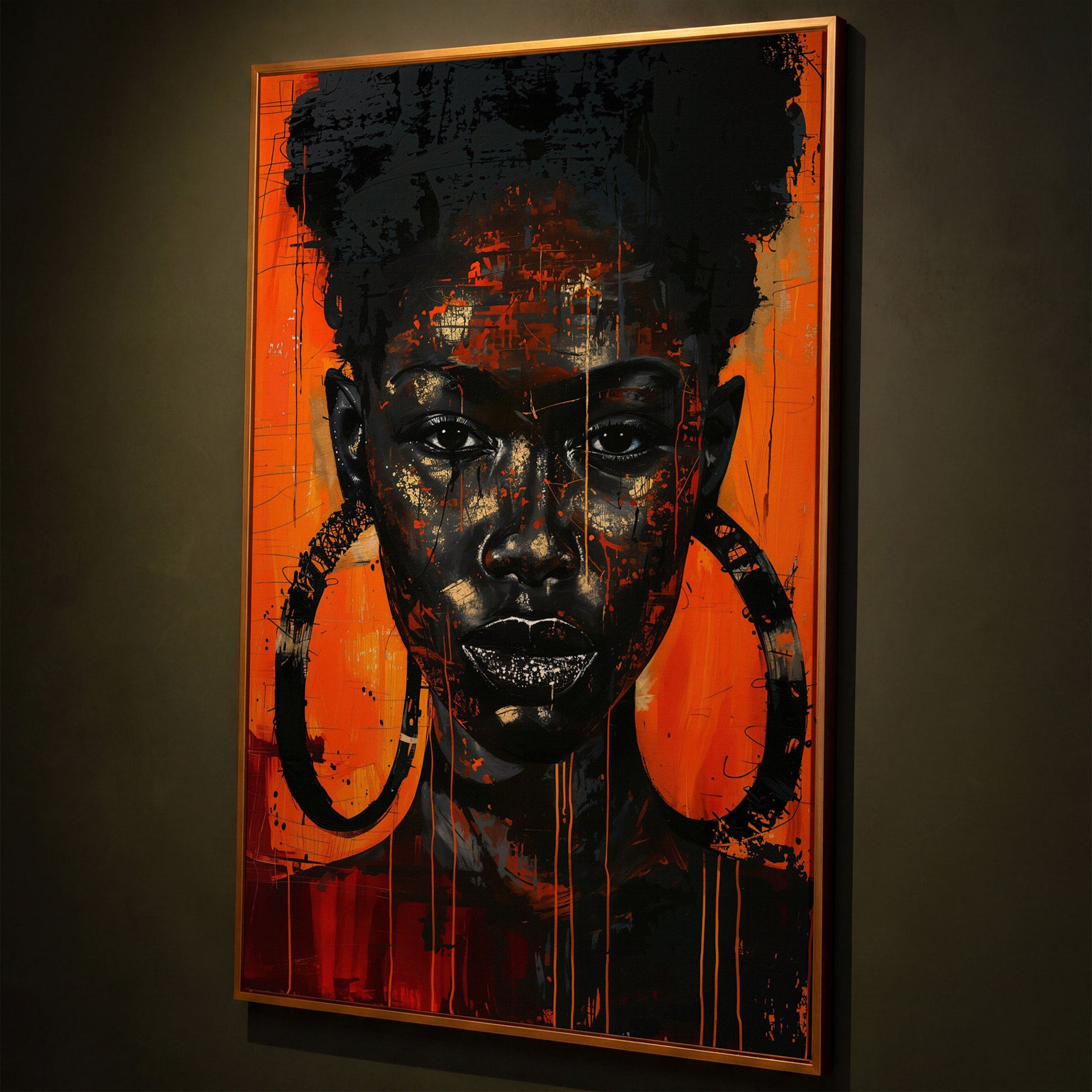 Bold Portrait of a Black Woman with Glittery Lips, Canvas Art shown in antique gold floating frame