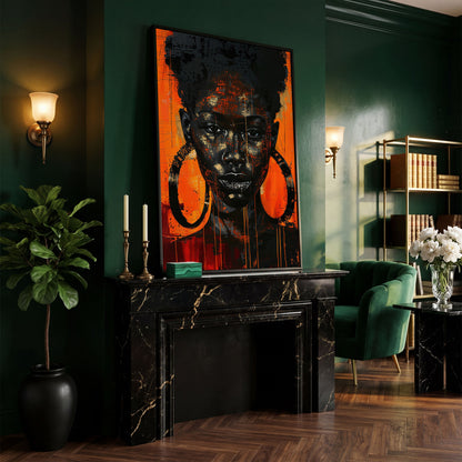 Bold Portrait of a Black Woman with Glittery Lips, Canvas Art in black floating frame