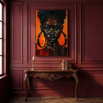 Bold Portrait of a Black Woman with Glittery Lips, Canvas Art in dark walnut floating frame
