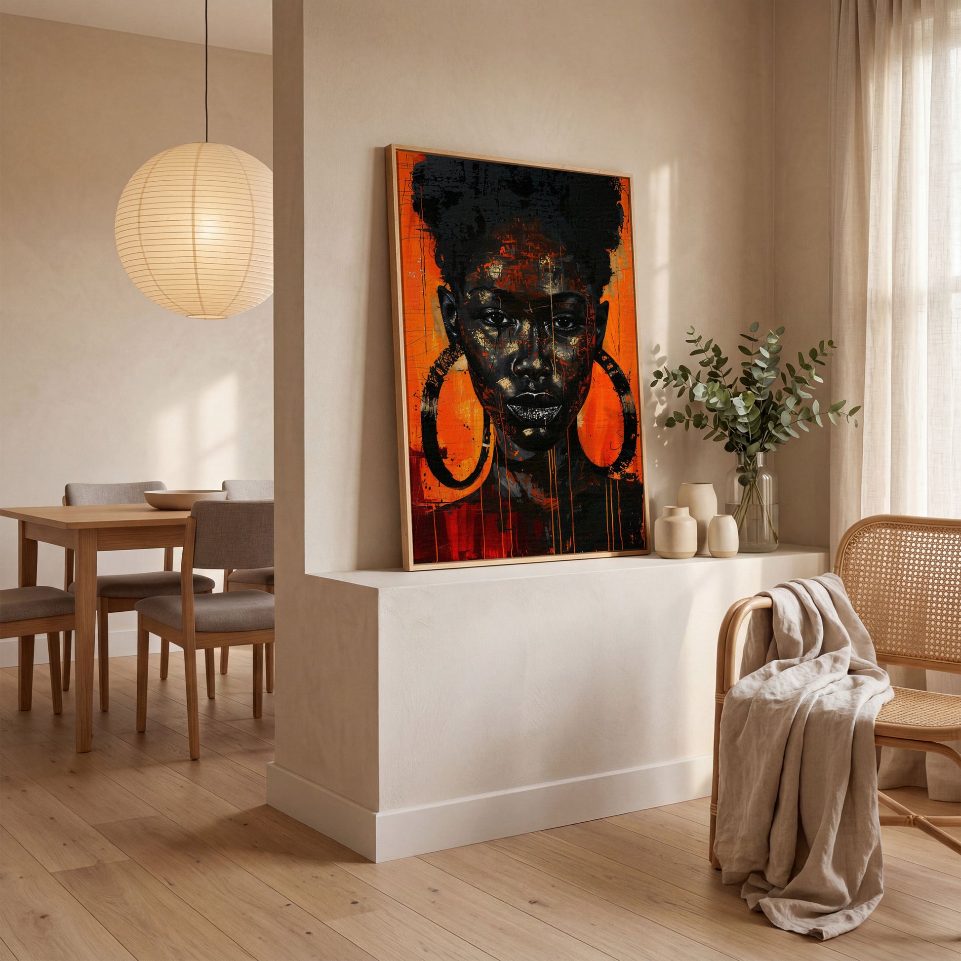 Bold Portrait of a Black Woman with Glittery Lips, Canvas Art in white oak floating frame