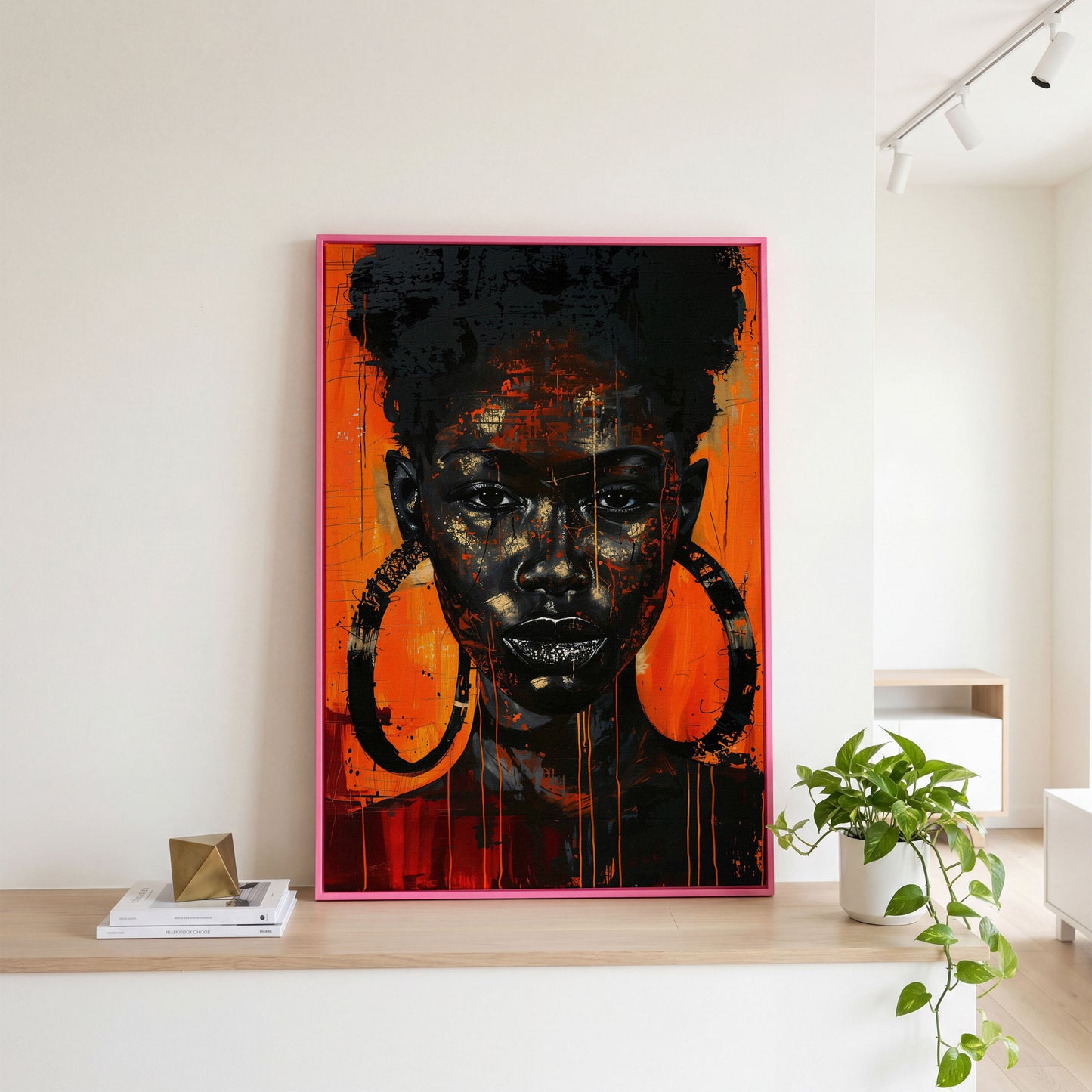 Bold Portrait of a Black Woman with Glittery Lips, Canvas Art in pink floating frame