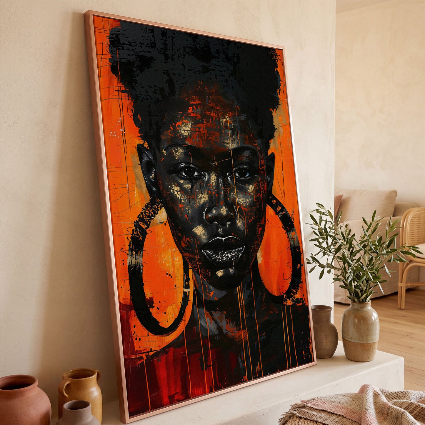 Bold Portrait of a Black Woman with Glittery Lips, Canvas Art in rose gold floating frame
