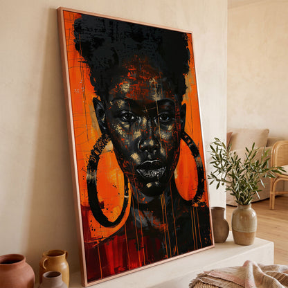 Bold Portrait of a Black Woman with Glittery Lips, Canvas Art in rose gold floating frame