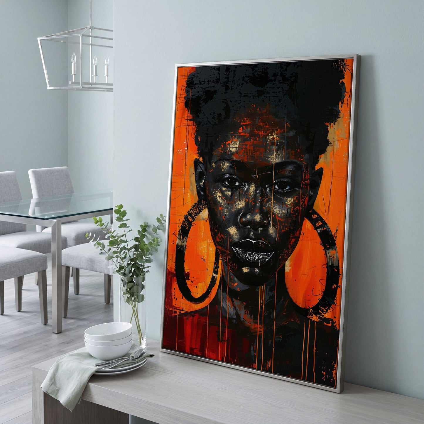 Bold Portrait of a Black Woman with Glittery Lips, Canvas Art in silver floating frame