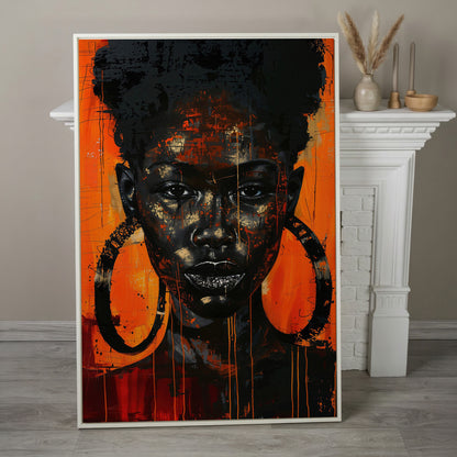 Bold Portrait of a Black Woman with Glittery Lips, Canvas Art in white floating frame