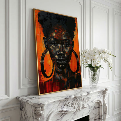 Bold Portrait of a Black Woman with Glittery Lips, Canvas Art in yellow gold floating frame