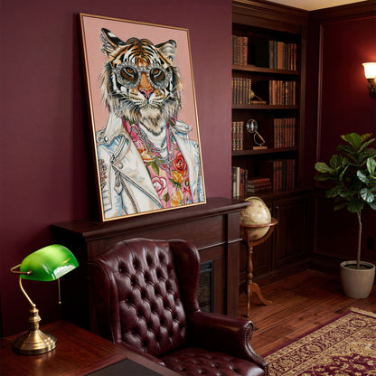 Tiger in Leather Jacket Canvas Print in antique gold floating frame
