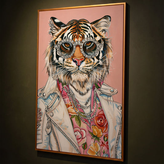 Tiger in Leather Jacket Canvas Print shown in antique gold floating frame