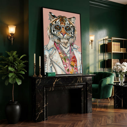 Tiger in Leather Jacket Canvas Print in black floating frame