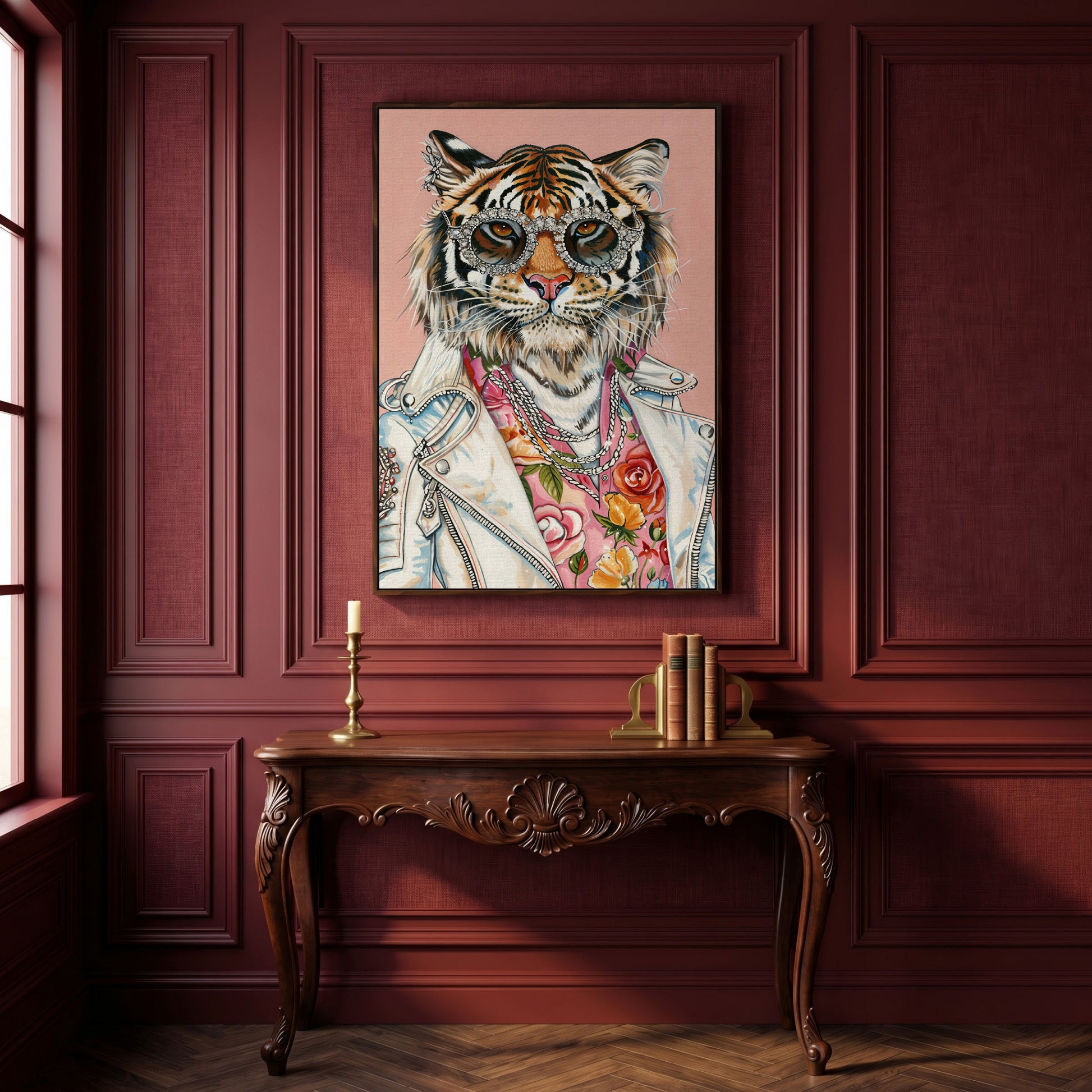 Tiger in Leather Jacket Canvas Print in dark walnut floating frame