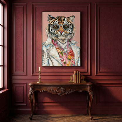 Tiger in Leather Jacket Canvas Print in dark walnut floating frame
