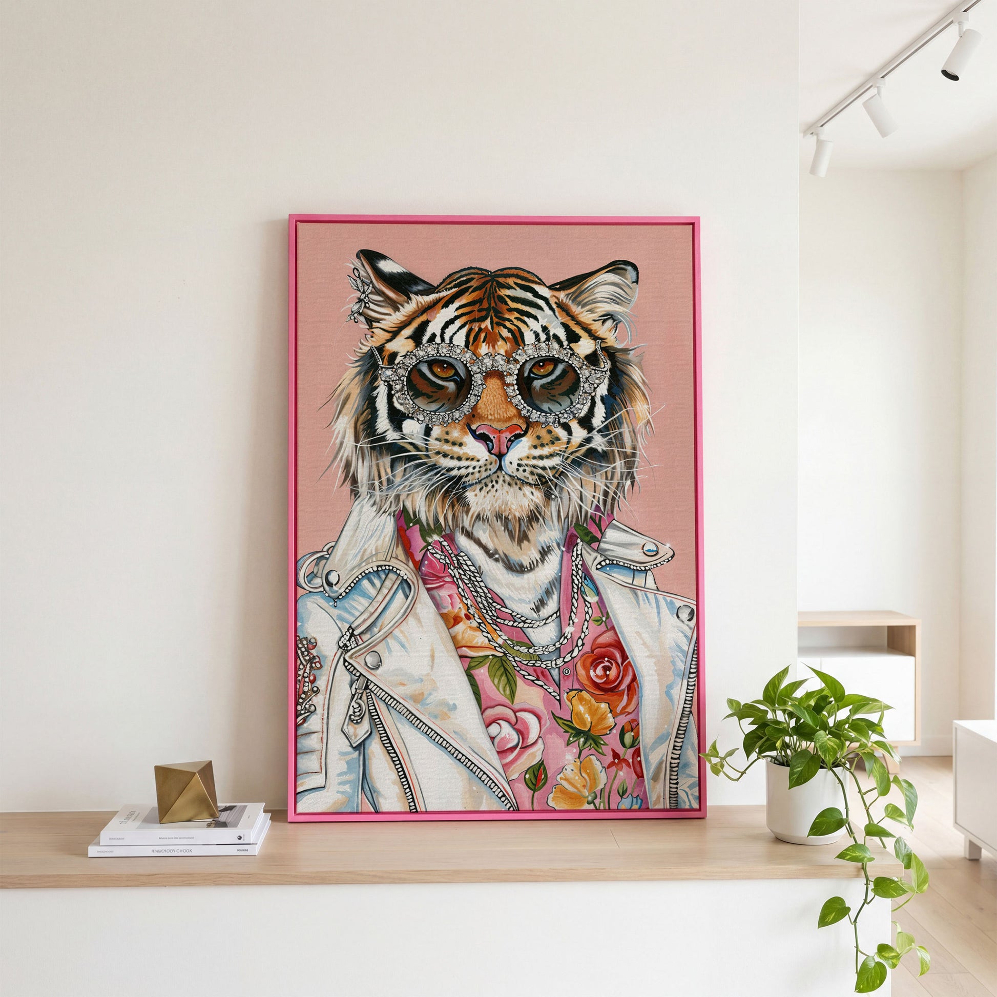 Tiger in Leather Jacket Canvas Print in pink floating frame