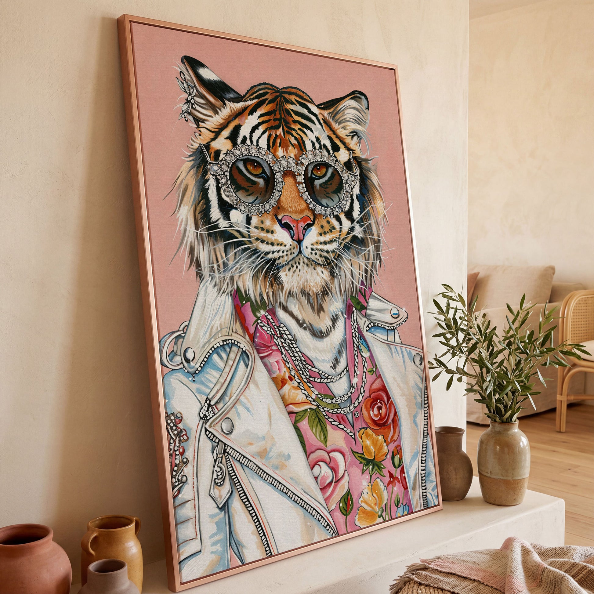 Tiger in Leather Jacket Canvas Print in rose gold floating frame