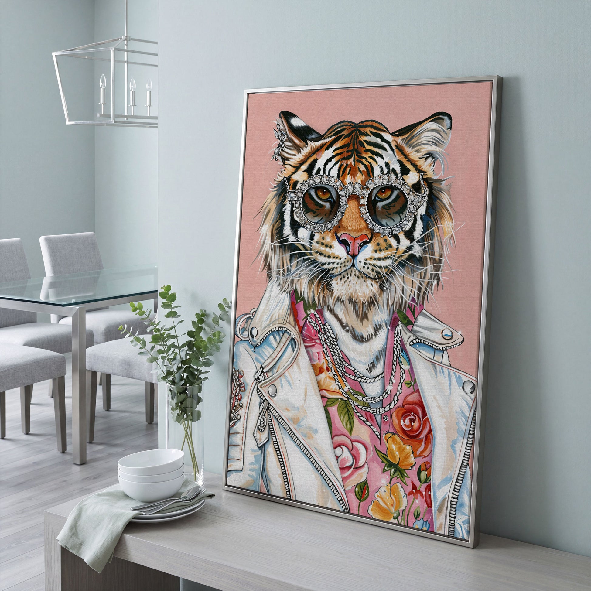 Tiger in Leather Jacket Canvas Print in silver floating frame