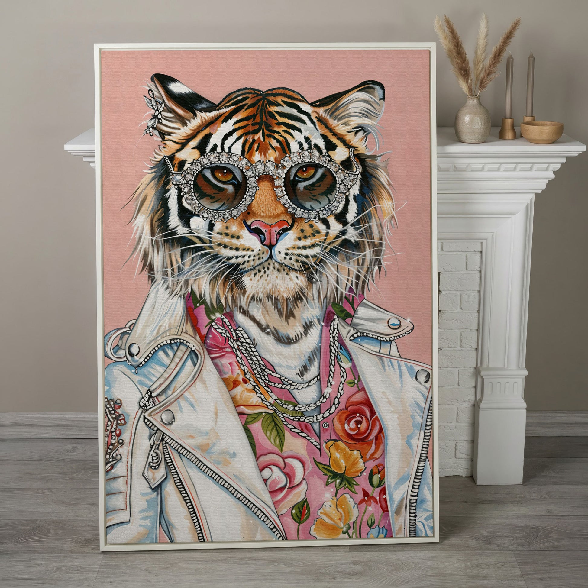Tiger in Leather Jacket Canvas Print in white floating frame