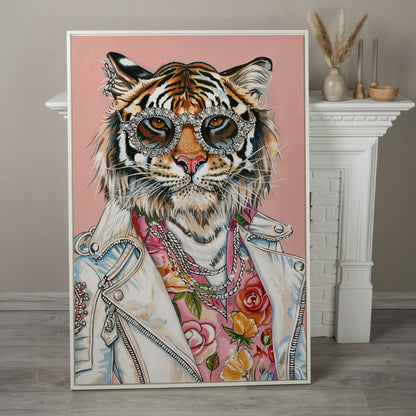 Tiger in Leather Jacket Canvas Print in white floating frame