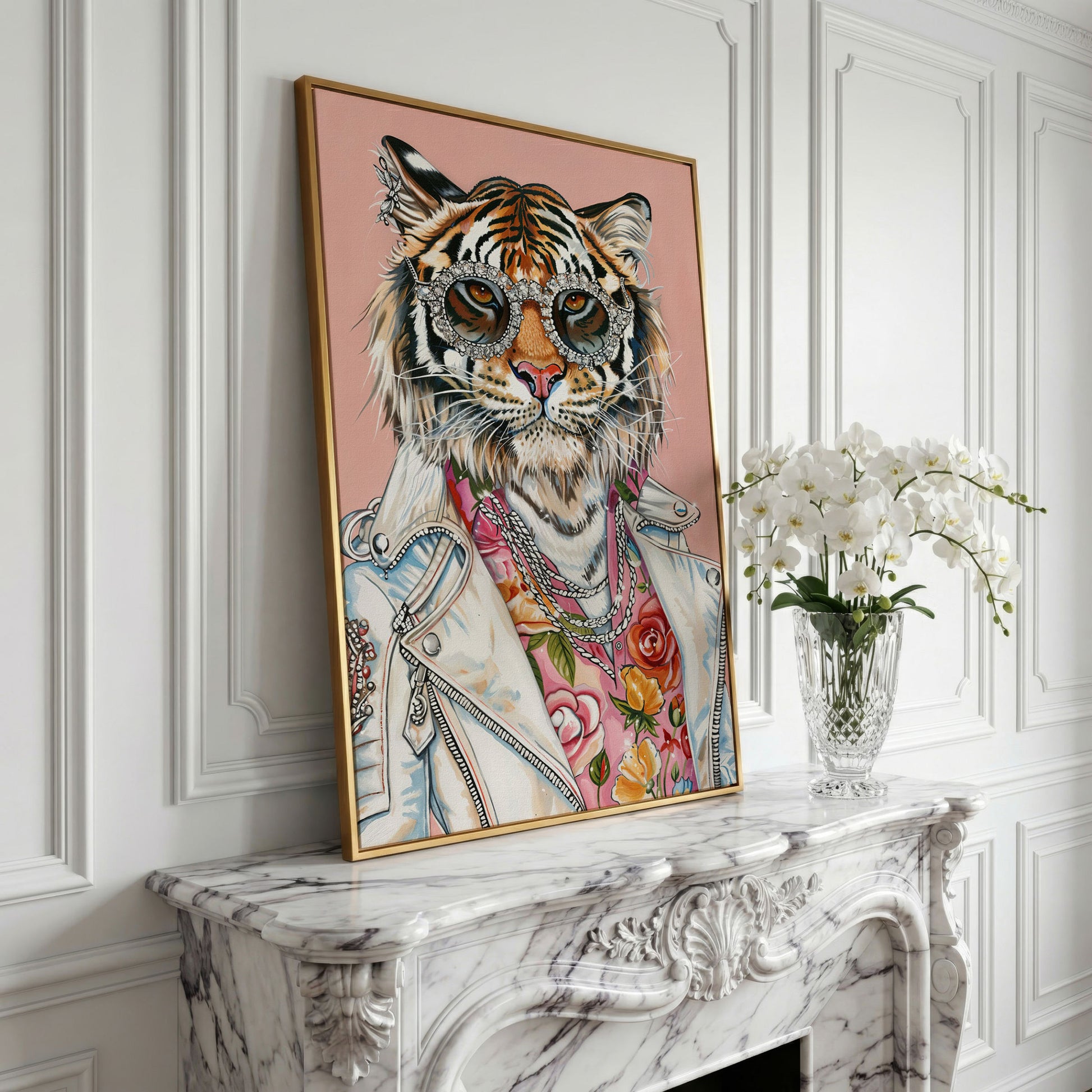 Tiger in Leather Jacket Canvas Print in yellow gold floating frame